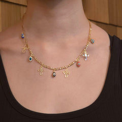 18K Gold Filled Evil Eye Cross Charm Figaro Necklace