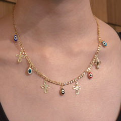 18K Gold Filled Evil Eye Cross Charm Figaro Necklace