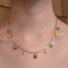18K Gold Filled Evil Eye Bezel Charm Figaro Necklace