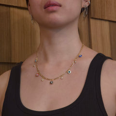 18K Gold Filled Evil Eye Bezel Charm Figaro Necklace