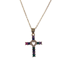 Emerald Cross Heart Pave Necklace