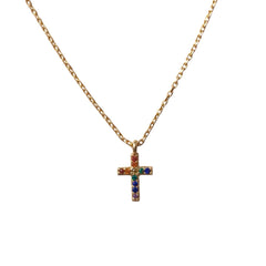 Tiny Cross Rainbow CZ Brass Necklace