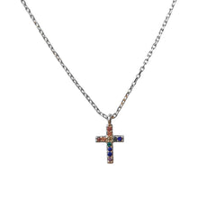 Tiny Cross Rainbow CZ Brass Necklace