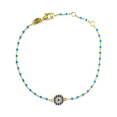 Sterling Silver Evil Eye Disc Color Beaded Enamel Chain Bracelet