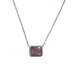 Halo Emerald Cut Baguette Birthstone Prong Necklace