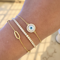 Sterling Silver Mother of Pearl Evil Eye Disc Bracelet