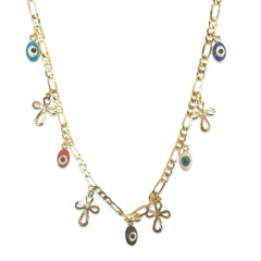 18K Gold Filled Evil Eye Cross Charm Figaro Necklace