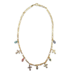 18K Gold Filled Evil Eye Cross Charm Figaro Necklace