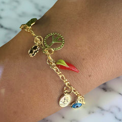 18K Gold Filled Spiritual Peace Charm Figaro Chain Bracelet