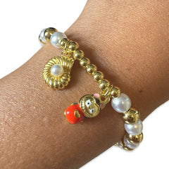 Polly Pearl Gold Ball Seashell Labubu Stretch Bracelet