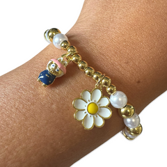 Polly Pearl Gold Ball Daisy Labubu Stretch Bracelet