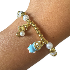 Polly Pearl Gold Ball Seahorse Labubu Stretch Bracelet