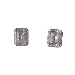Halo Emerald Cut Baguette Birthstone Prong Studs