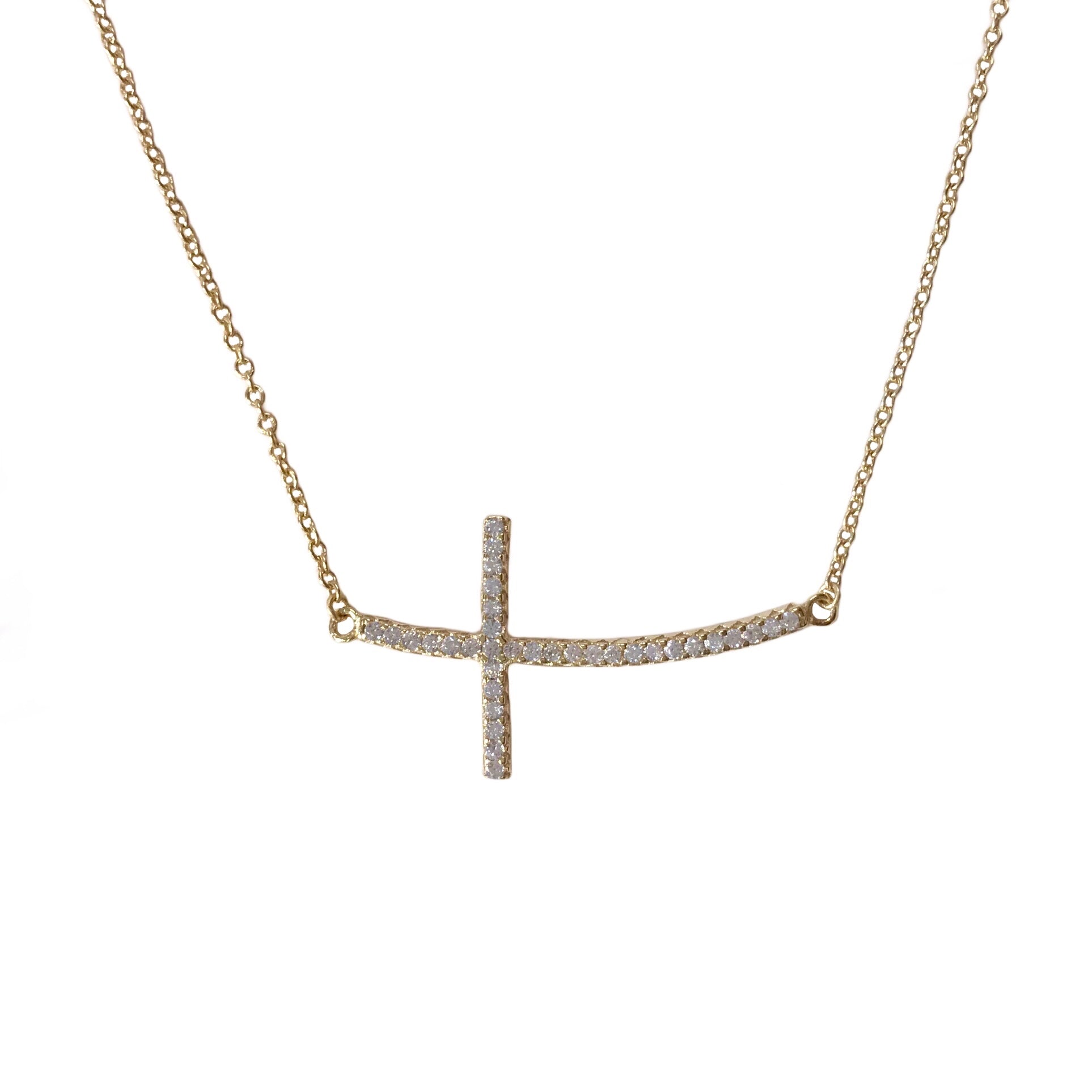 Sideways Slanted Sparkle Cross Necklace Gold