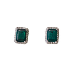 Halo Emerald Cut Baguette Birthstone Prong Studs