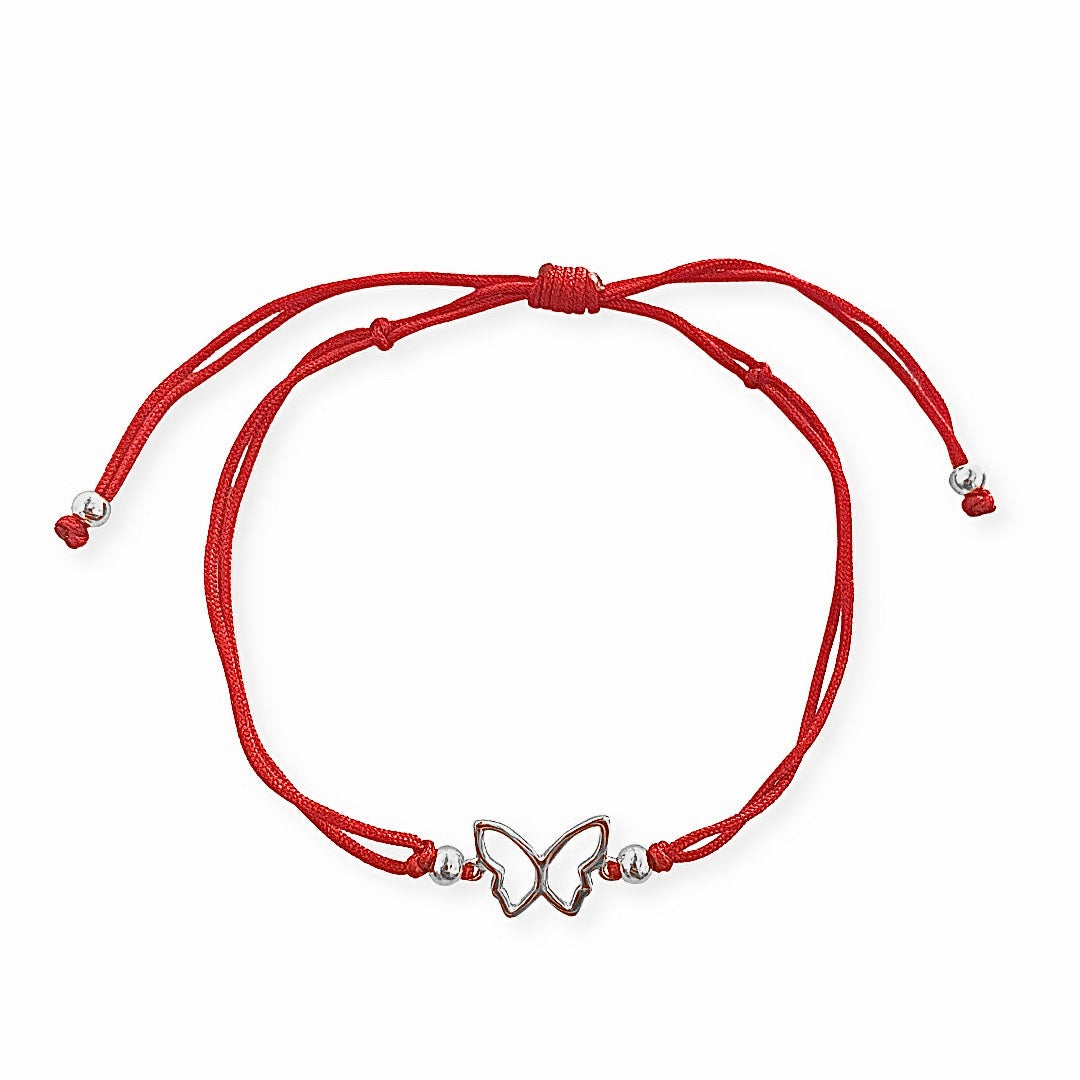 Butterfly Outline Red Thread Bracelet - Silver