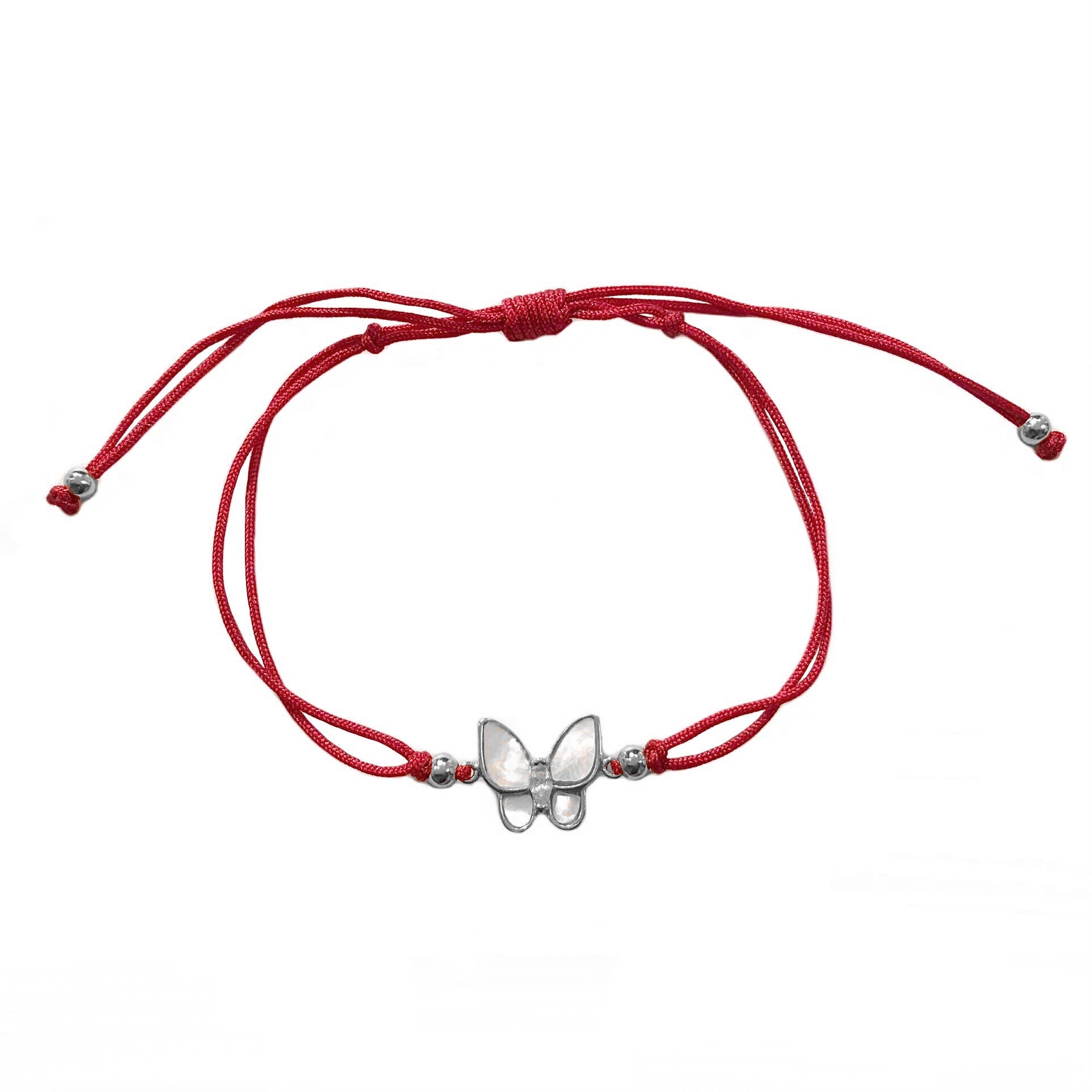 Butterfly Sparkle Red Thread Bracelet - Silver