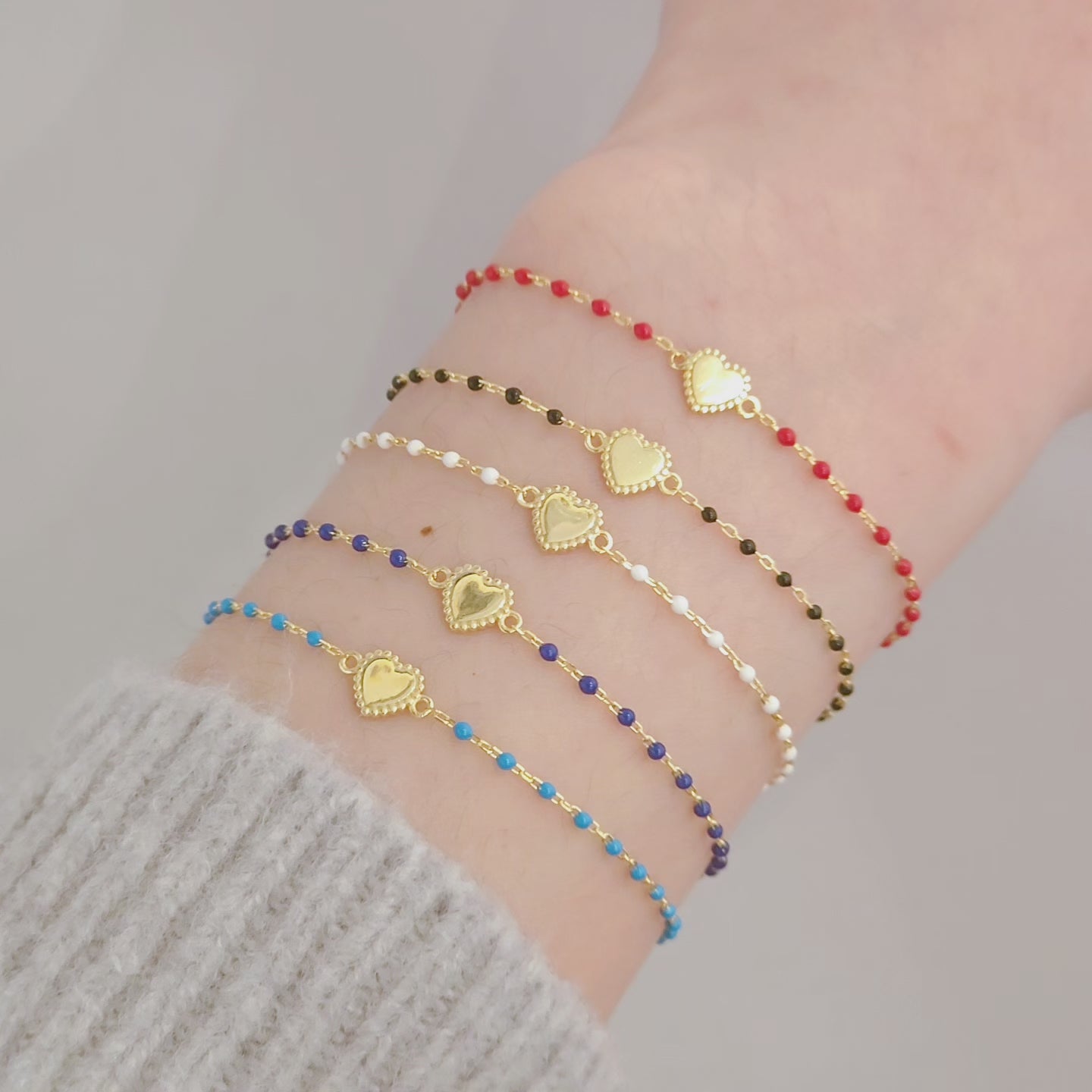 Sterling Silver Detailed Heart Color Beaded Enamel Chain Bracelet