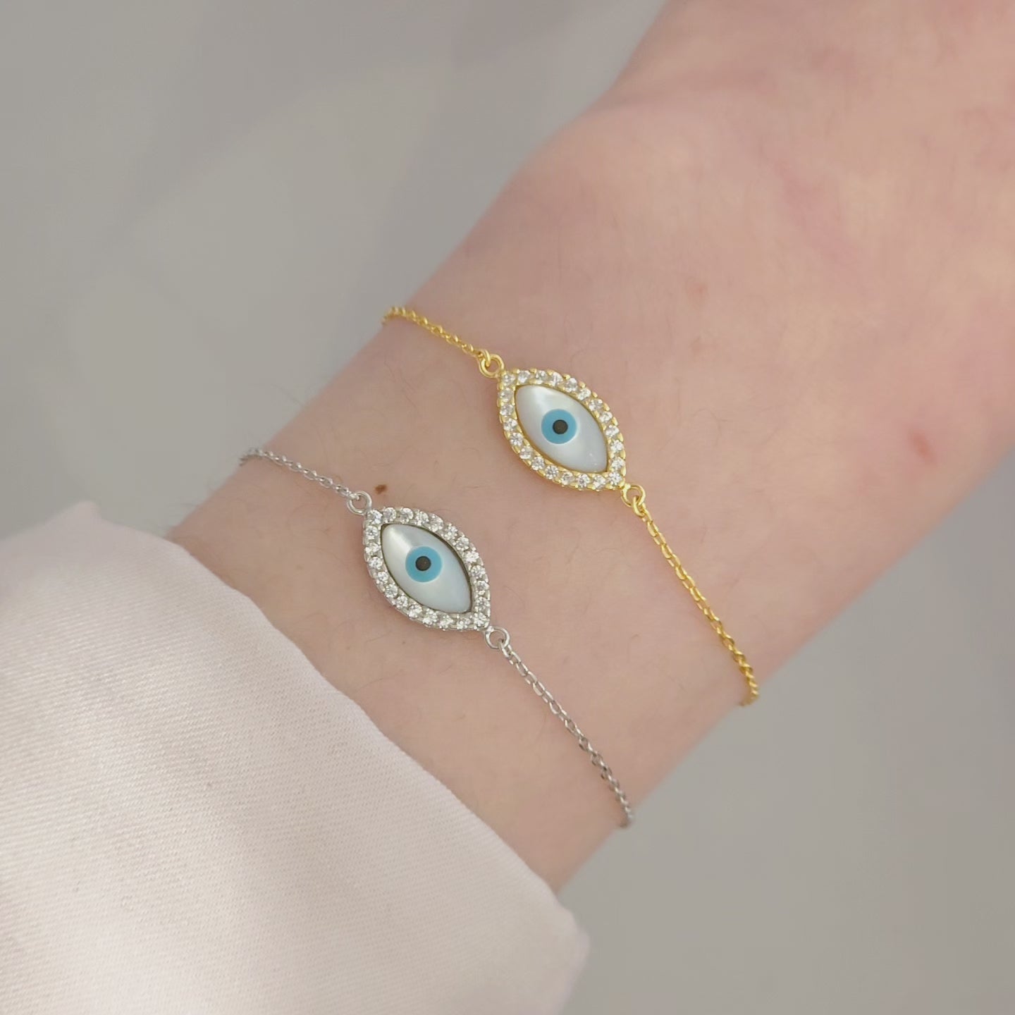Sterling Silver Mother of Pearl Evil Eye Shaped Bracelet