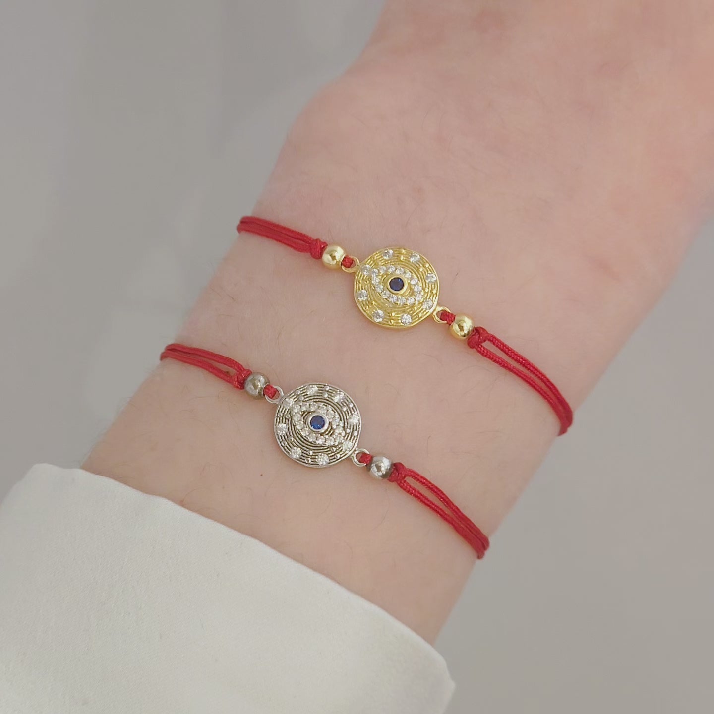 Evil Eye Disc Textured Red Thread Bracelet