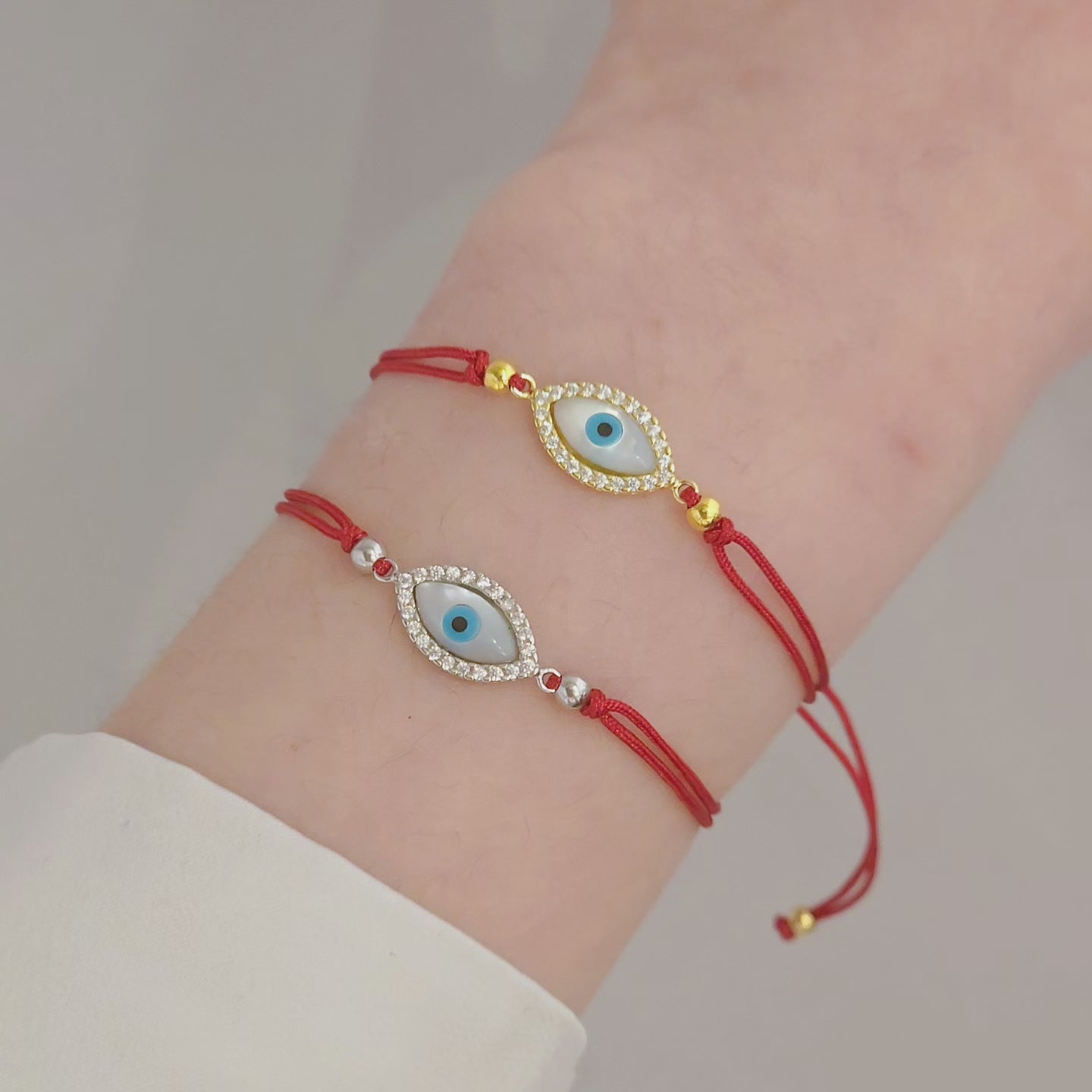 Evil Eye Mother of Pearl Sparkle Red Thread Bracelet