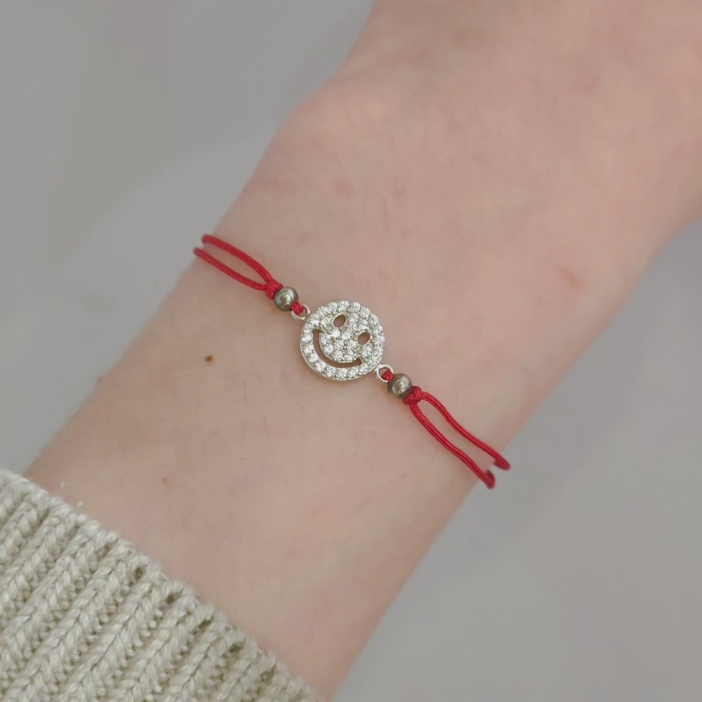 Smiley Face Pave Red Thread Bracelet
