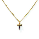 Tiny Cross Rainbow CZ Brass Necklace