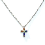 Tiny Cross Rainbow CZ Brass Necklace